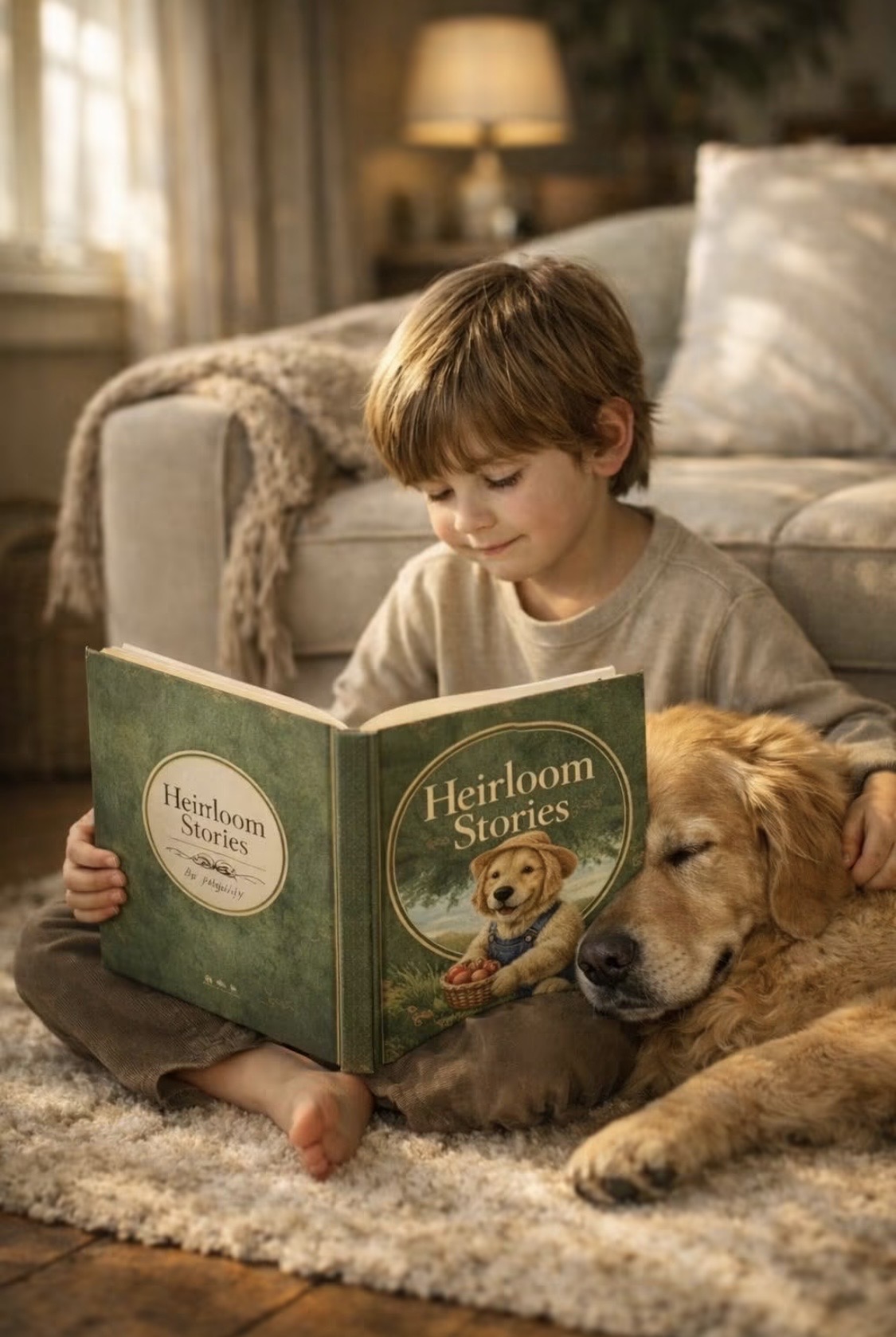 Child reading an Heirloom Stories book with a golden retriever