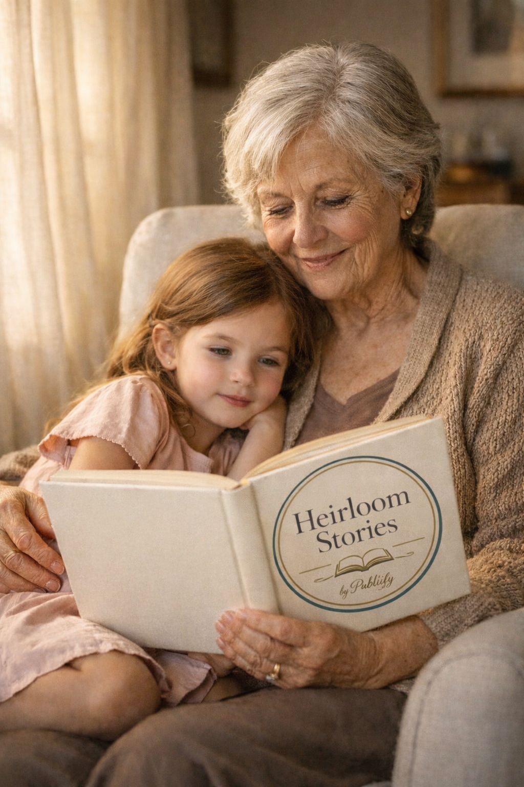 Grandmother and granddaughter reading an Heirloom Stories book together
