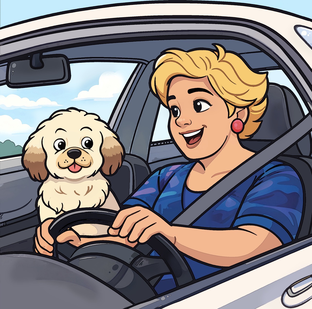 Storybook illustration of the same woman driving with her dog